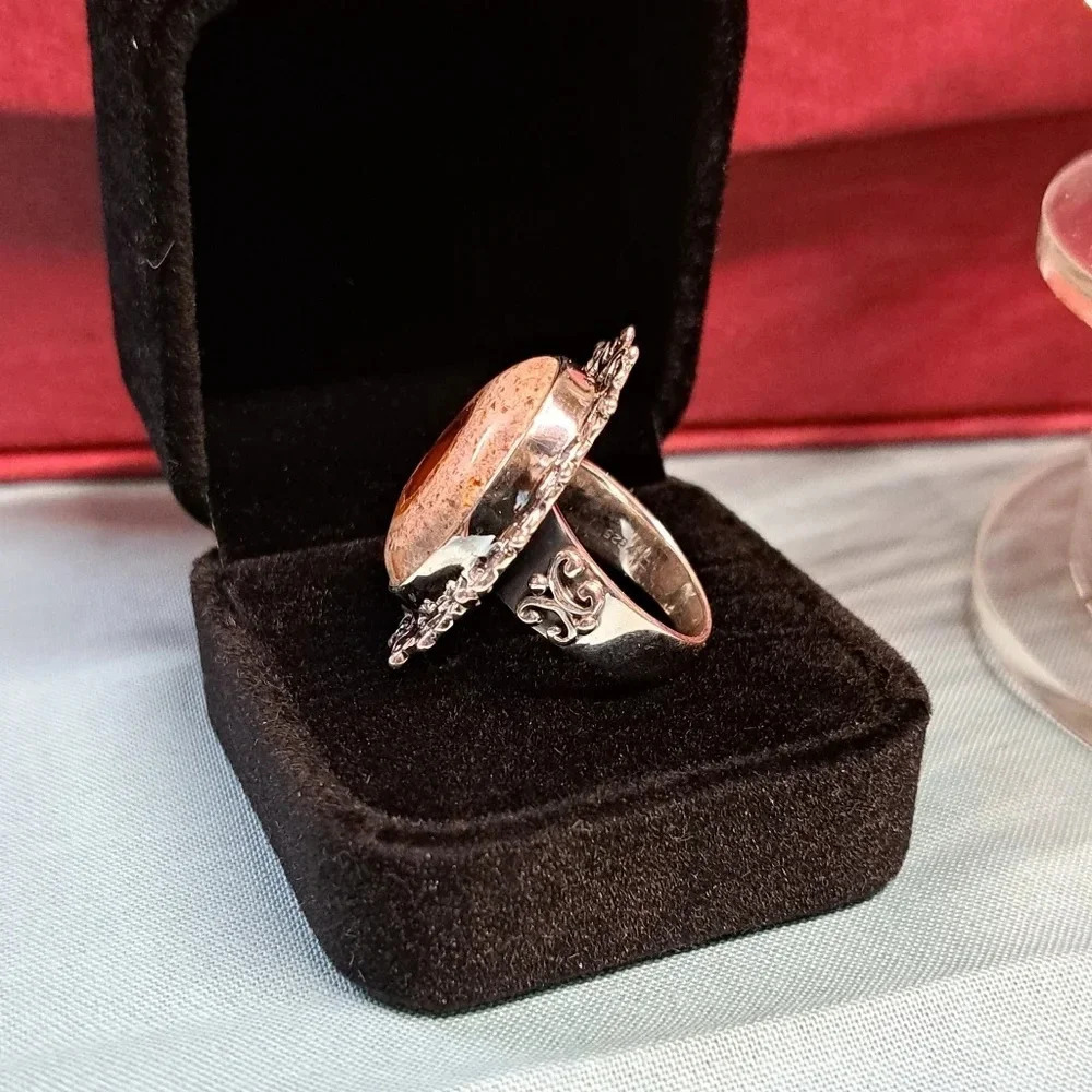 Fire Opal Matrix Large Solitaire Ring In 925 Sterling Silver. - Picture 6 of 8